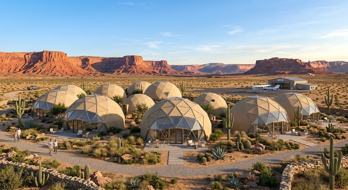 AI visualisation of residential geodesic dome homes for a flight school in Arizona