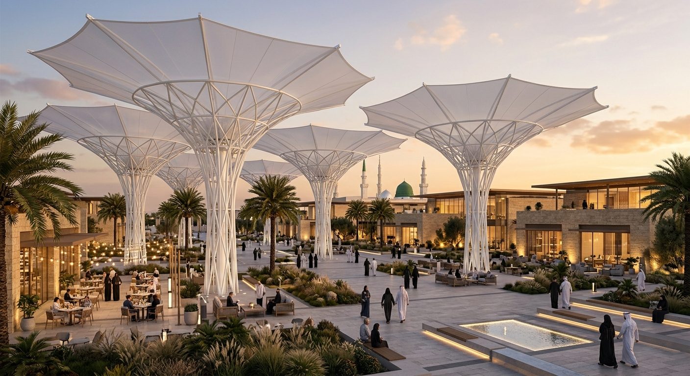 AI visualisation of 50-foot convertible canopy umbrellas over a resort plaza