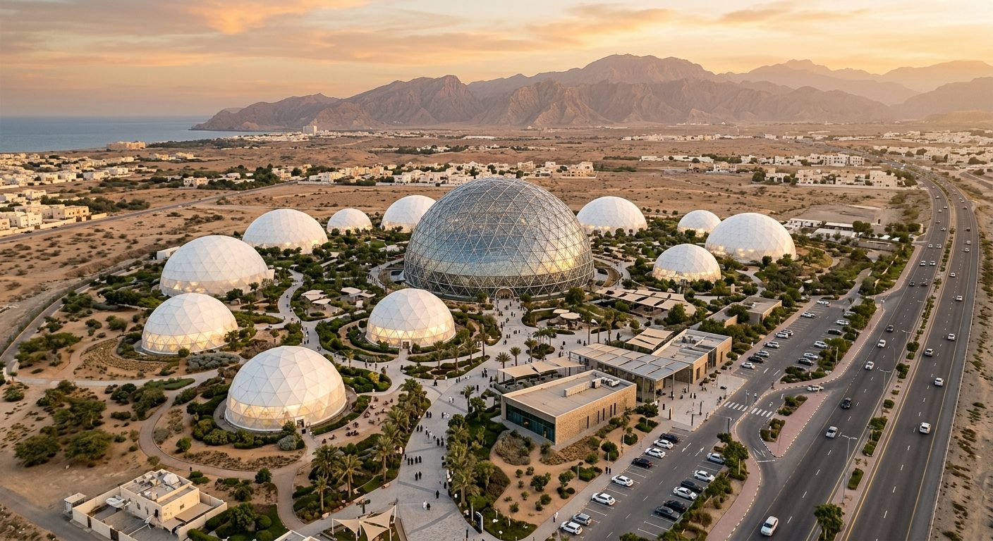 AI visualisation of the 11-dome park in Seeb, Muscat, Oman