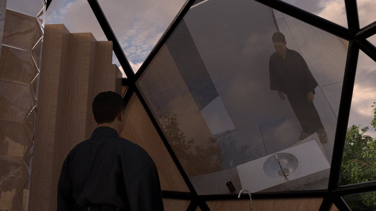 Concept render of a guest looking out through the Vipra Resort dome suite glazing