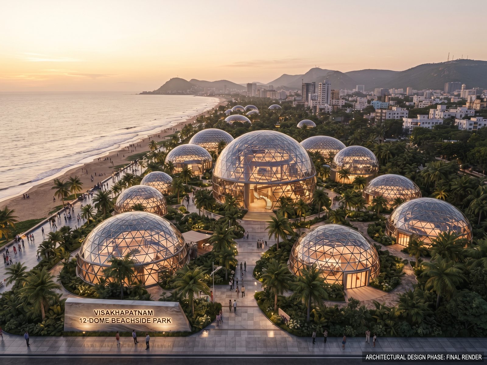 AI concept render of the 12-dome beachside park in Visakhapatnam